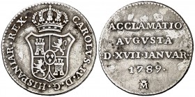1789. Carlos IV. Madrid. Medalla de Proclamación. Módulo 1 real. (Ha. 65) (V. 88) (V.Q. 13120). 2,84 g. Ø 20 mm. MBC-.