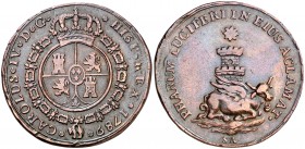 1789. Carlos IV. Sanlúcar de Barrameda. Medalla de Proclamació. (Ha. 91) (V. 96) (V.Q. 13142). 10,59 g. Ø 31 mm. Bronce. Golpecitos. (MBC-).