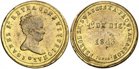 1843. Isabel II. Ferrol. Mayoría de edad. Medalla. (Ha. 7) (V. 784) (V.Q. 13415). 8,21 g. Ø 26 mm. Bronce dorado. Golpecitos. (MBC-).