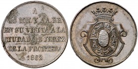 1862. Isabel II. Jerez de la Frontera. Visita a la ciudad. Medalla. (V. 431) (V.Q. 14358 var, por metal). 5,43 g. Ø 23 mm. Bronce Golpecito. MBC+.