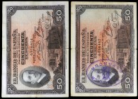 1927. 50 pesetas. 17 de mayo, Alfonso XIII. 2 billetes, uno con sello tampón violeta en vertical de la REPÚBLICA ESPAÑOLA. BC/BC+.