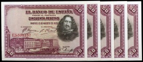 1928. 50 pesetas. (Ed. C5) (Ed. 354). 15 de agosto, Velázquez. 5 billetes correlativos, serie E. S/C-.