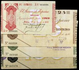 1936. Bilbao. 5 (serie A), 25, 50 y 100 pesetas. (Ed. C19Ab, C20h, C21a y C22a) (Ed. 368Ab, 369j, 370a y 371a)- 4 billetes, todos con fecha estampilla...