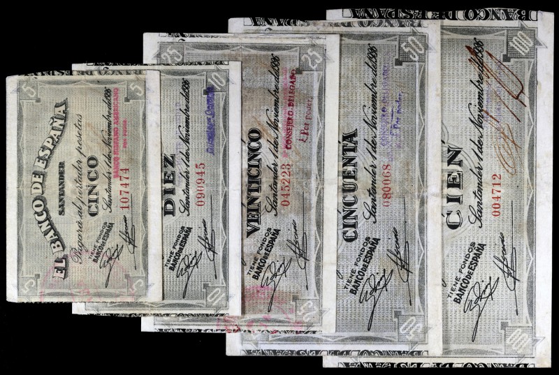 1936. Santander. 5, 10, 25, 50 y 100 pesetas. (Ed. C26c, C27f, C28c, C29 y C30) ...