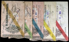 1936. Gijón. 5, 10, 25, 50 y 100 pesetas. (Ed. C31 a C35) (Ed. 380 a 384). 5 de noviembre. 5 billetes, serie completa, todos con el sello VENCIMIENTO ...