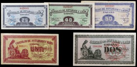 1937. Asturias y León. 25, 40, 50 céntimos, 1 y 2 pesetas. (Ed. C45 a C49) (Ed. 394 a 398). 5 billetes, serie completa. MBC-/EBC+.