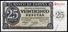 1936. Burgos. 25 pesetas. (Ed. D20a) (Ed. 419a). 21 de noviembre. Serie M. Leve doblez. EBC+.