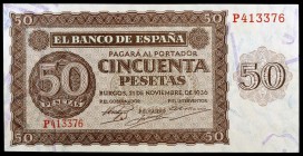 1936. Burgos. 50 pesetas. (Ed. D21a) (Ed. 420a). 21 de noviembre. Serie P. Leve doblez. Apresto. EBC-.