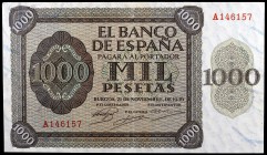 1936. Burgos. 1000 pesetas. (Ed. D24) (Ed. 423). 21 de noviembre. Serie A. Lavado y planchado. Raro. MBC.