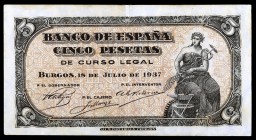 1937. Burgos. 5 pesetas. (Ed. D25a) (Ed. 424a). 18 de julio. Serie C. Leve doblez. Escaso. MBC+.