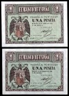 1938. Burgos. 1 peseta. 28 de febrero, serie B y 30 de abril, serie E. 2 billetes. EBC/EBC+.
