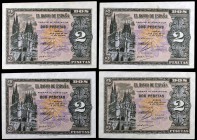 1938. Burgos. 2 pesetas. (Ed. D30a) (Ed. 429a). 30 de abril. 4 billetes, series D (tres) y N. EBC+.