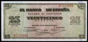 1938. Burgos. 25 pesetas. (Ed. D31a) (Ed. 430a). 20 de mayo. Serie B. Leve doblez. EBC.