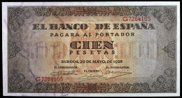 1938. Burgos. 100 pesetas. (Ed. D33a) (Ed. 432a). 20 de mayo. Serie G. Leve doblez. Apresto. EBC+.