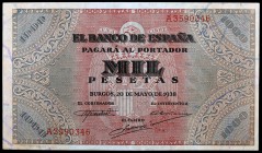 1938. Burgos. 1000 pesetas. (Ed. D35) (Ed. 434). 20 de mayo. Doblez central, pero buen ejemplar con apresto. Raro. MBC+.