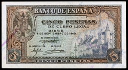 1940. 5 pesetas. (Ed. D44a) (Ed. 443a). 4 de septiembre, Alcázar de Segovia. Serie G. EBC+.
