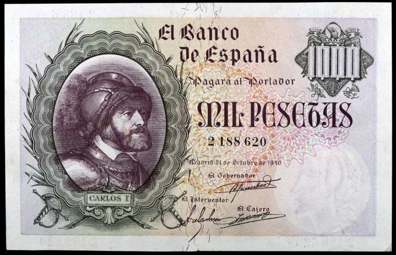 1940. 1000 pesetas. (Ed. D46) (Ed. 445). 21 de octubre, Carlos I. Leve doblez, p...