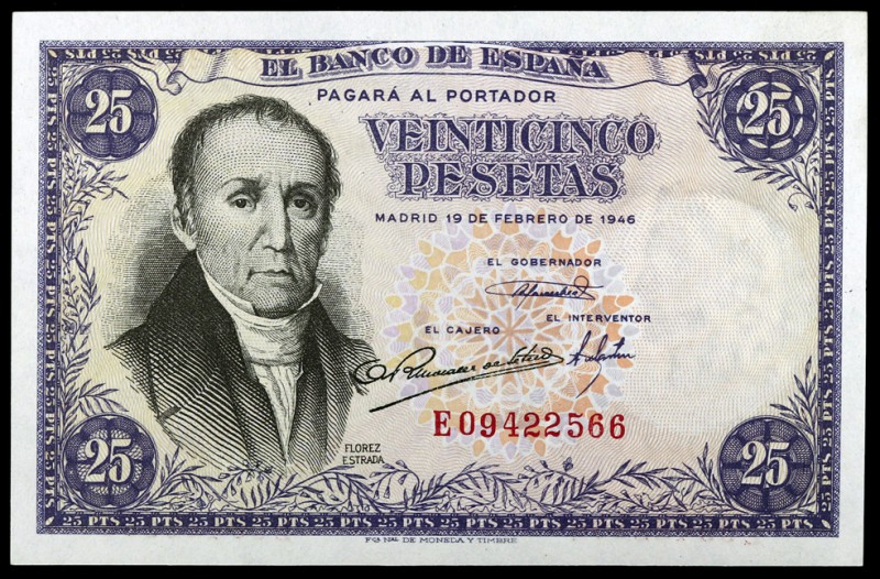 1946. 25 pesetas. (Ed. D51a) (Ed. 450a). 19 de febrero, Flórez Estrada. Serie E....