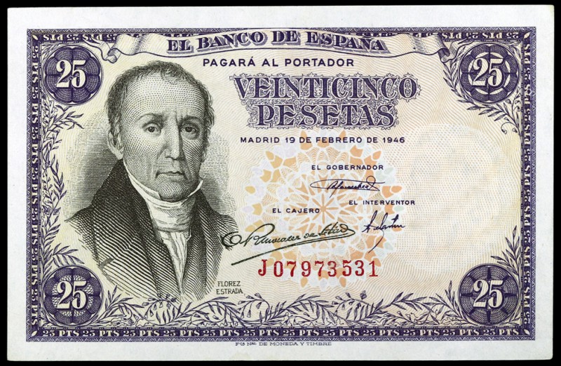 1946. 25 pesetas. (Ed. D51a) (Ed. 450a). 19 de febrero, Flórez Estrada. Serie J....