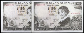 1965. 100 pesetas. (Ed. D71a) (Ed. 470a). 19 de noviembre, Bécquer. Pareja correlativa, serie T. Leve doblez. EBC+.
