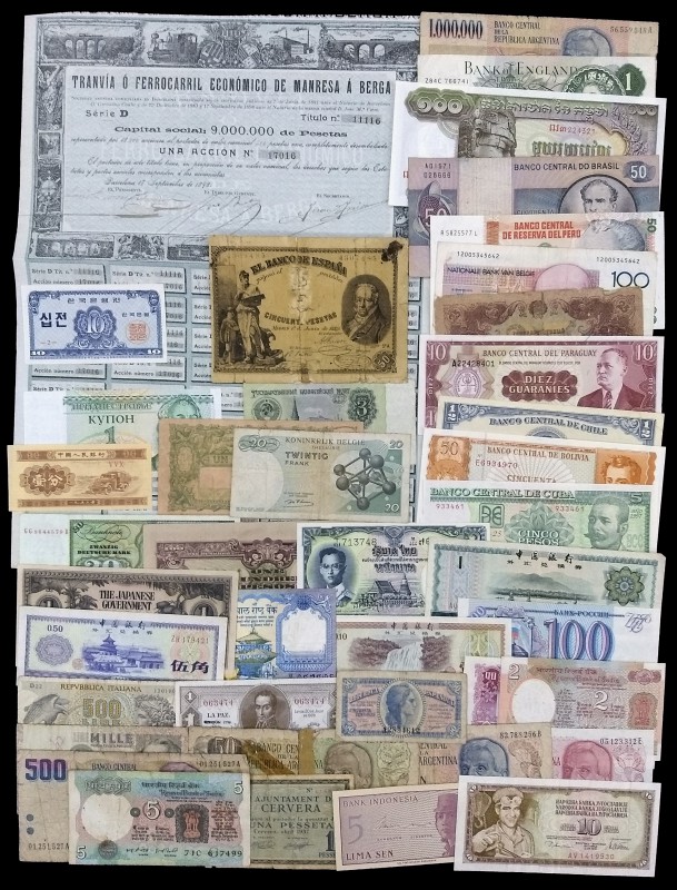 Lote de 41 billetes (incluye uno de 50 pesetas españolas de 1889, falso de época...