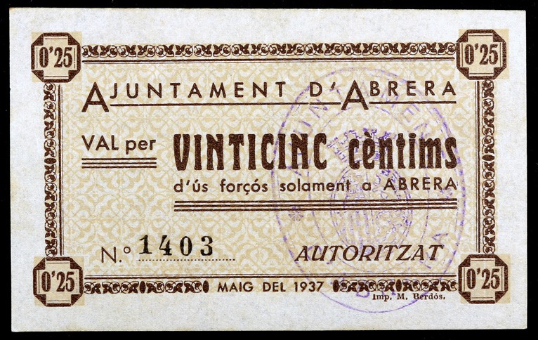 Abrera. 25 céntimos y 1 peseta. (T. 4a y 5a). 2 billetes, todos los de la locali...