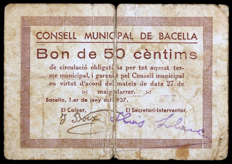 Bacella. 25, 50 céntimos y 1 peseta. (T. 315a, 316b y 317a). 3 billetes, todos l...