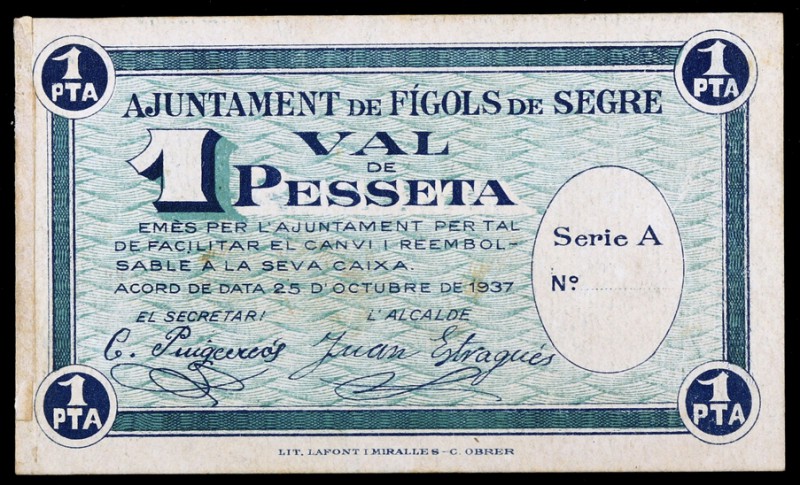 Fígols de Segre. 25, 50 céntimos y 1 peseta. (T. 1169c, 1170 y 1171). 3 billetes...