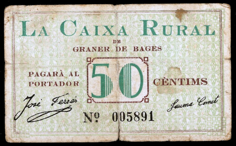 Graner de Bages. La Caixa Rural. 50 céntimos y 1 peseta. (T. 1346 y 1347). 2 bil...