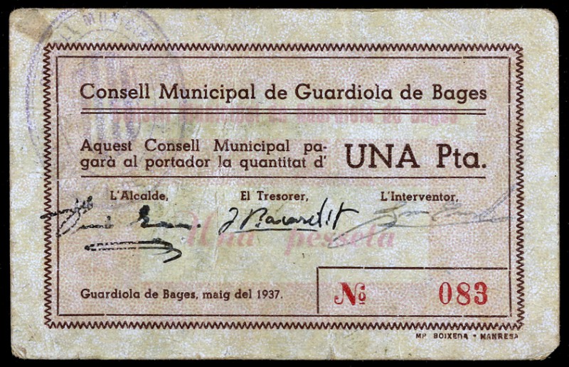 Guardiola de Bages. 50 céntimos y 1 peseta. (T. 1374 y 1375). 2 cartones con num...