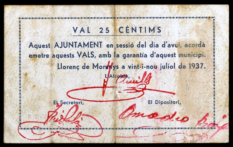 Llorenç de Morunys. 25 céntimos y 1 peseta (dos). (T. 1564e, 1565a y 1566). 3 bi...