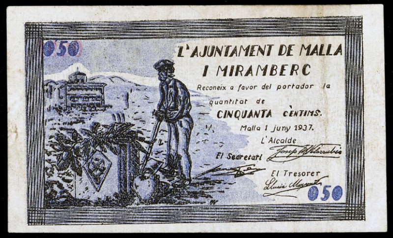 Malla i Miramberc. 50 céntimos y 1 peseta. (T. 1615a y 1616a). 2 billetes, serie...