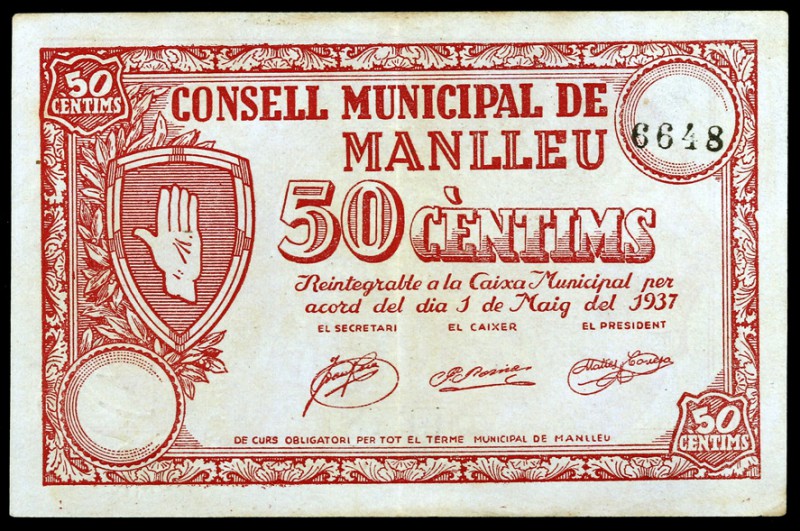 Manlleu. 50 céntimos y 1 peseta. (T. 1618c y 1619b). 2 billetes, todos los de la...