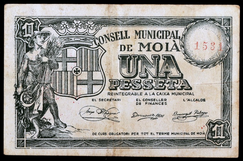 Moià. 25 céntimos y 1 peseta (dos). (T. 1724, 1725 y 1726). 3 billetes, todos lo...