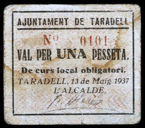 Taradell. 25, 50 céntimos (dos) y 1 peseta (dos). (T. 2822, 2823, 2824, 2825 y 2...