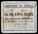 Taradell. 25, 50 céntimos (dos) y 1 peseta (dos). (T. 2822, 2823, 2824, 2825 y 2826). 2 cartones, éstos raros, y 3 billetes, todos los de la localidad...