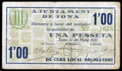 Tona. 50 céntimos y 1 peseta. (T. 2894 y 2895a). 2 cartones, todos los de la localidad. Escasos. MBC-.