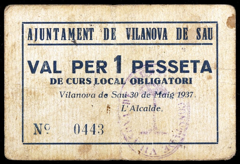 Vilanova de Sau. 1 peseta. (T. 3297). Único cartón emitido por esta localidad. R...