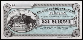 Dénia (Alicante). El Comité de Enlace. 1 y 2 pesetas. (T. 692b y 693e) (KG. 316d). 2 billetes, restos de imprenta. S/C-.