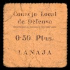 Lanaja (Huesca). Consejo Local de Defensa. 50 céntimos. (KG. falta). Cartón. Raro. BC.