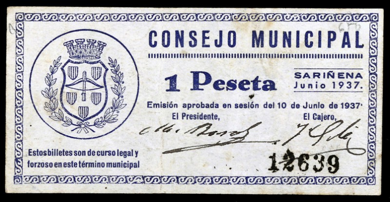 Sariñena (Huesca). 50 céntimos y 1 peseta. (KG. 690). 2 billetes, serie completa...