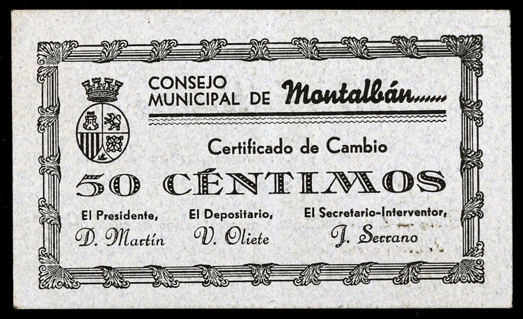 Montalbán (Teruel). 50 céntimos (dos) y 1 peseta. (KG. 503 y 503a). 3 billetes, ...