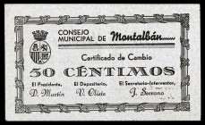 Montalbán (Teruel). 50 céntimos (dos) y 1 peseta. (KG. 503 y 503a). 3 billetes, una serie completa. Raros. BC/MBC+.