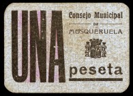 Mosqueruela (Teruel). 1 peseta. (R.G.H. 3731). Cartón. Muy raro. MBC+.