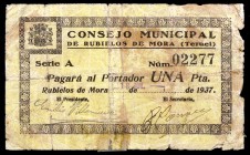 Rubielos de Mora (Teruel). 1 peseta. (KG. 653). Roturas. Raro. BC-.