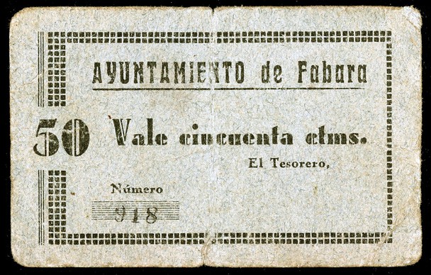 Fabara (Zaragoza). Ayuntamiento. 50 céntimos. (KG. 342) (T. 187). Cartón. Raro. ...