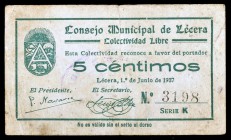 Lécera (Zaragoza). Colectividad Libre. 5 céntimos. (KG. 445) Raro. MBC-.