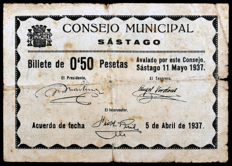Sástago (Zaragoza). 50 céntimos, 1 y 2 pesetas. (KG. 692, 692a y falta). 3 bille...