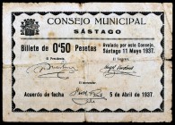 Sástago (Zaragoza). 50 céntimos, 1 y 2 pesetas. (KG. 692, 692a y falta). 3 billetes, el de 50 céntimos con el escudo entre columnas, no figura en KG. ...