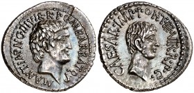 (41 a.C.). Marco Antonio y Augusto. Denario. (Spink 1504) (S. 8) (Craw. 517/2). 3,76 g. Grieta radial. Bella pátina. (EBC).